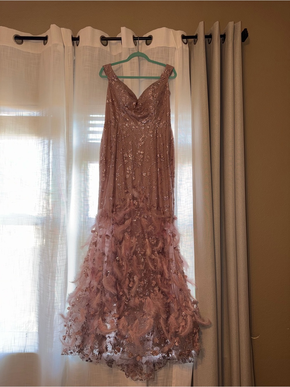Rose Pink Sequin & Feather Mermaid Evening Gown